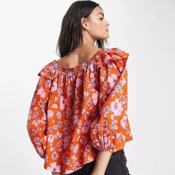 FREE PEOPLE Miss Daisy Floral Ruffle Top Off Shoulder Puff Sleeve Heat Wave Sz M - Picture 9 of 16
